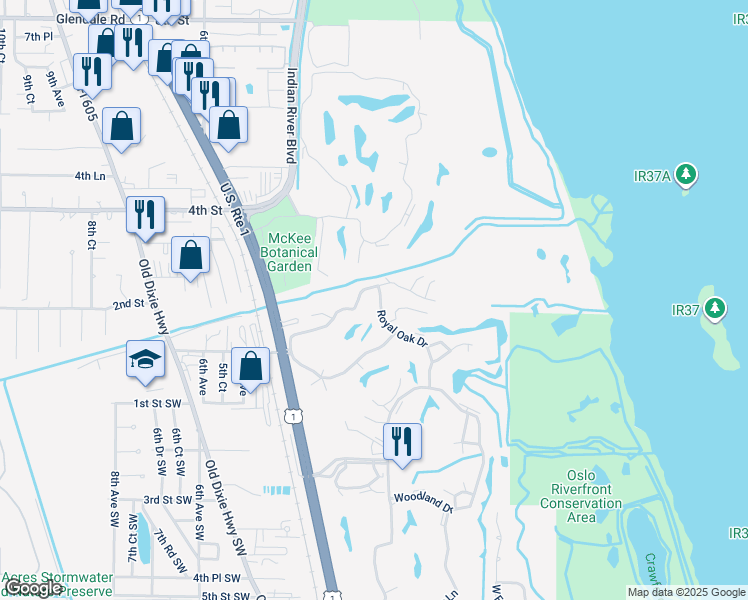 map of restaurants, bars, coffee shops, grocery stores, and more near 104 Royal Oak Drive in Vero Beach