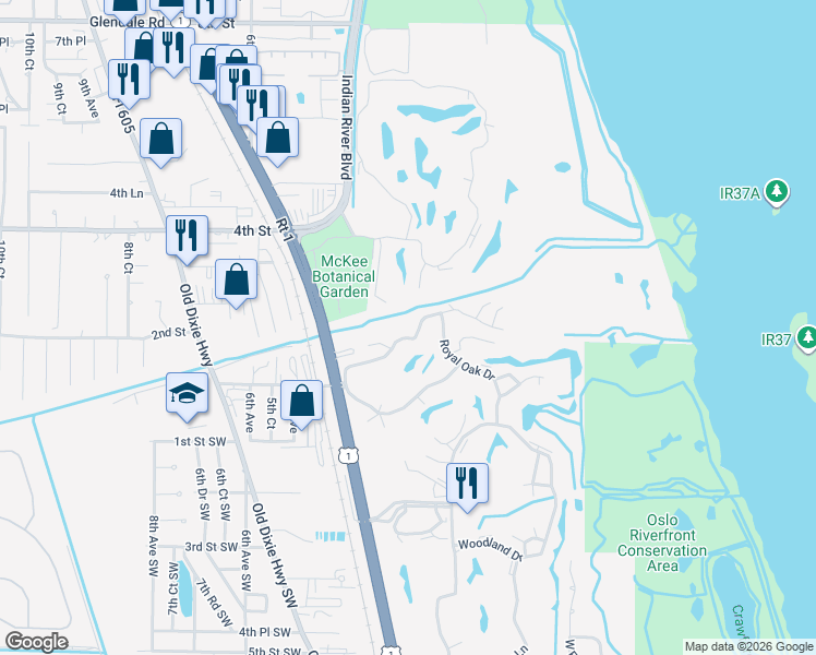 map of restaurants, bars, coffee shops, grocery stores, and more near 100 Spring Lake Drive in Vero Beach