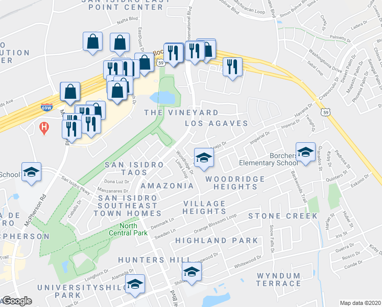 map of restaurants, bars, coffee shops, grocery stores, and more near 2702 Anejo Drive in Laredo
