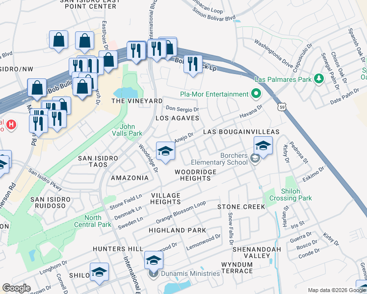 map of restaurants, bars, coffee shops, grocery stores, and more near 2815 Anejo Drive in Laredo