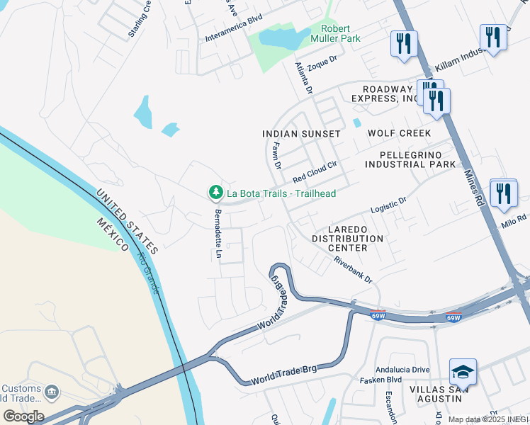 map of restaurants, bars, coffee shops, grocery stores, and more near 303 Pomian Court in Laredo