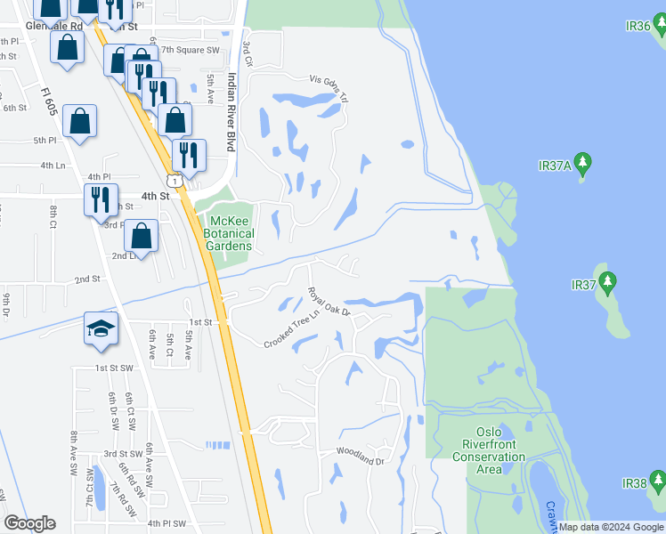 map of restaurants, bars, coffee shops, grocery stores, and more near 108 Spring Lake Court in Vero Beach