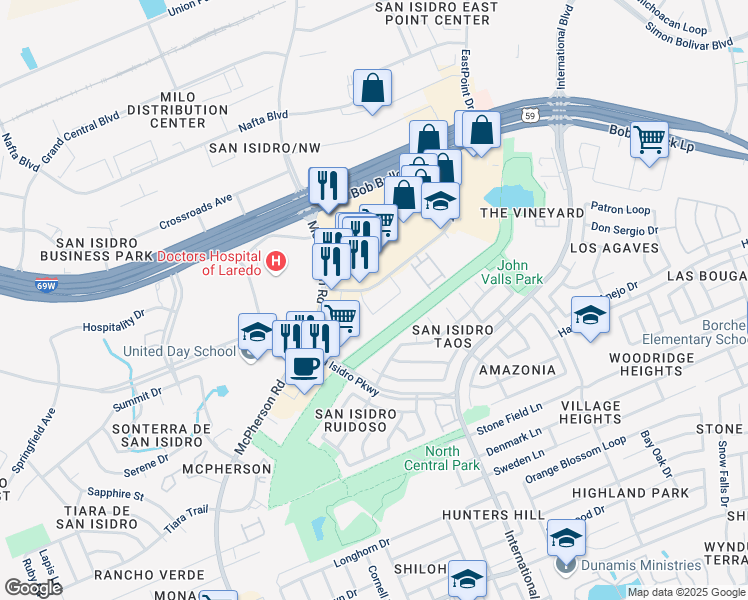 map of restaurants, bars, coffee shops, grocery stores, and more near 2439 Monarch Dr in Laredo