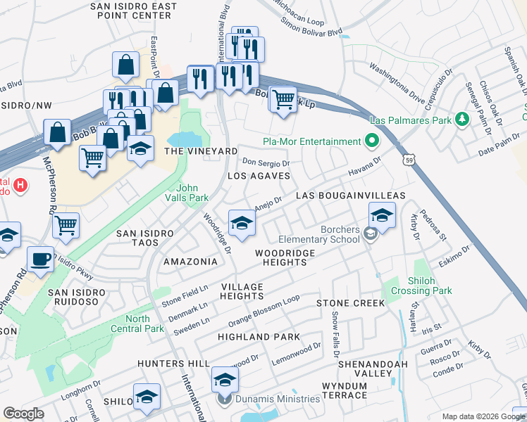 map of restaurants, bars, coffee shops, grocery stores, and more near 2815 Anejo Drive in Laredo