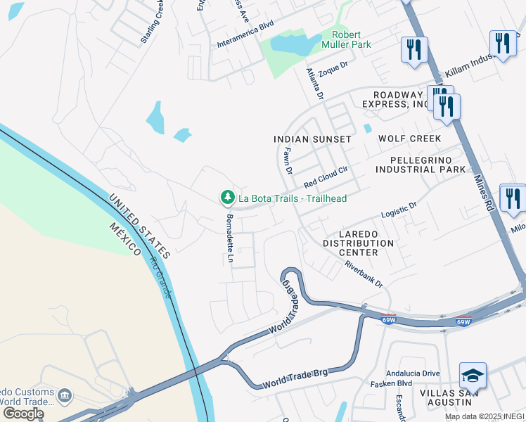 map of restaurants, bars, coffee shops, grocery stores, and more near 303 Pomian Court in Laredo
