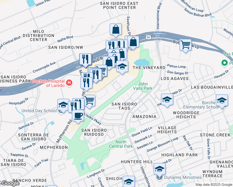 map of restaurants, bars, coffee shops, grocery stores, and more near North Central Park Trail in Laredo