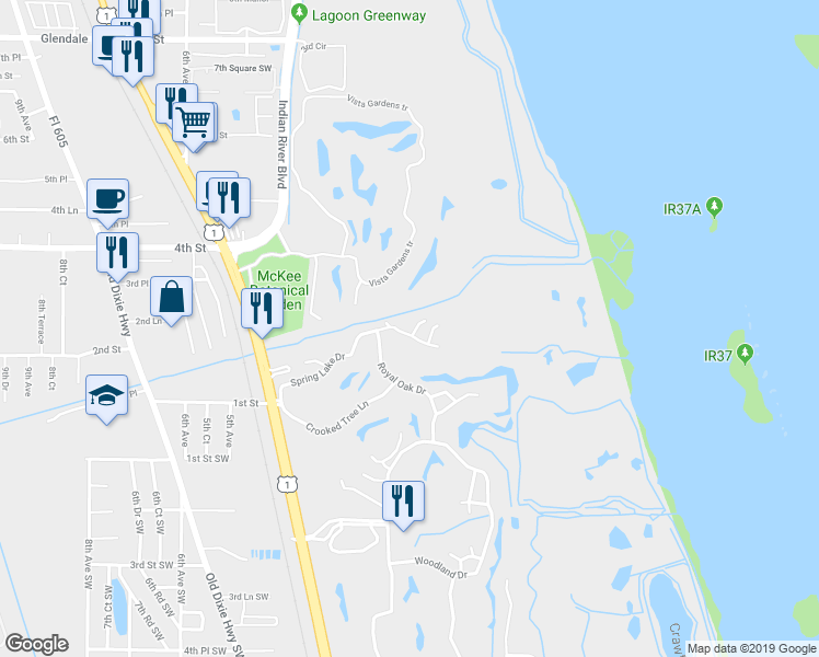 map of restaurants, bars, coffee shops, grocery stores, and more near 107 Spring Lake Court in Vero Beach