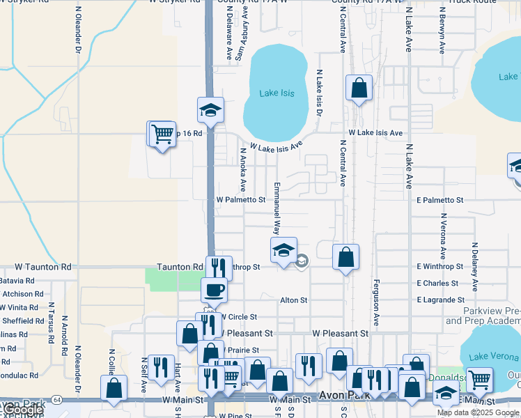 map of restaurants, bars, coffee shops, grocery stores, and more near 910 West Winifred Street in Avon Park