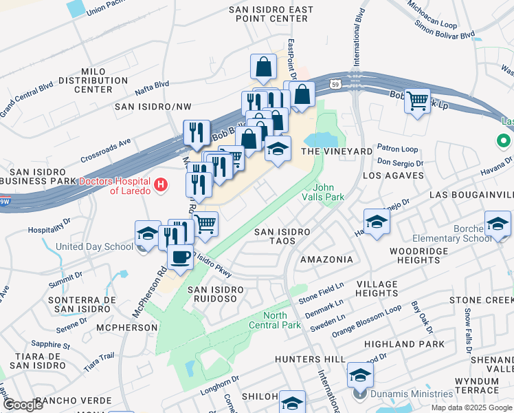 map of restaurants, bars, coffee shops, grocery stores, and more near 10422 Medical Loop in Laredo