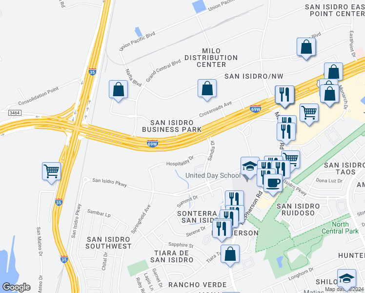 map of restaurants, bars, coffee shops, grocery stores, and more near Bob Bullock Loop in Laredo