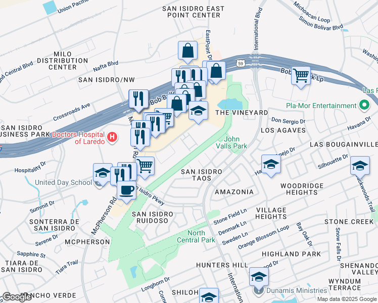 map of restaurants, bars, coffee shops, grocery stores, and more near 10422 Medical Loop in Laredo