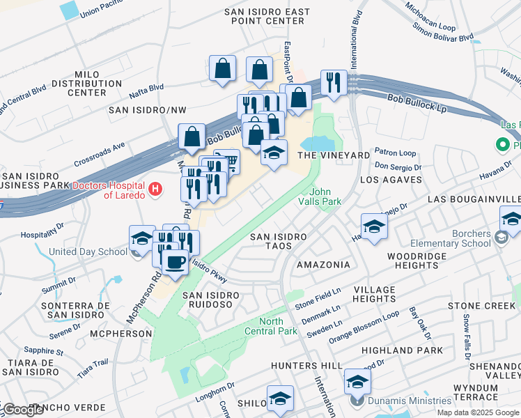 map of restaurants, bars, coffee shops, grocery stores, and more near 10422 Medical Loop in Laredo