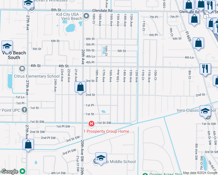 map of restaurants, bars, coffee shops, grocery stores, and more near 255 16th Avenue in Vero Beach