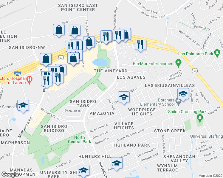 map of restaurants, bars, coffee shops, grocery stores, and more near 2621 Anejo Drive in Laredo