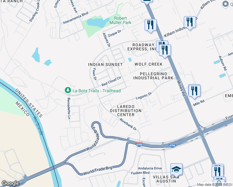 map of restaurants, bars, coffee shops, grocery stores, and more near 311 Mescalero Drive in Laredo