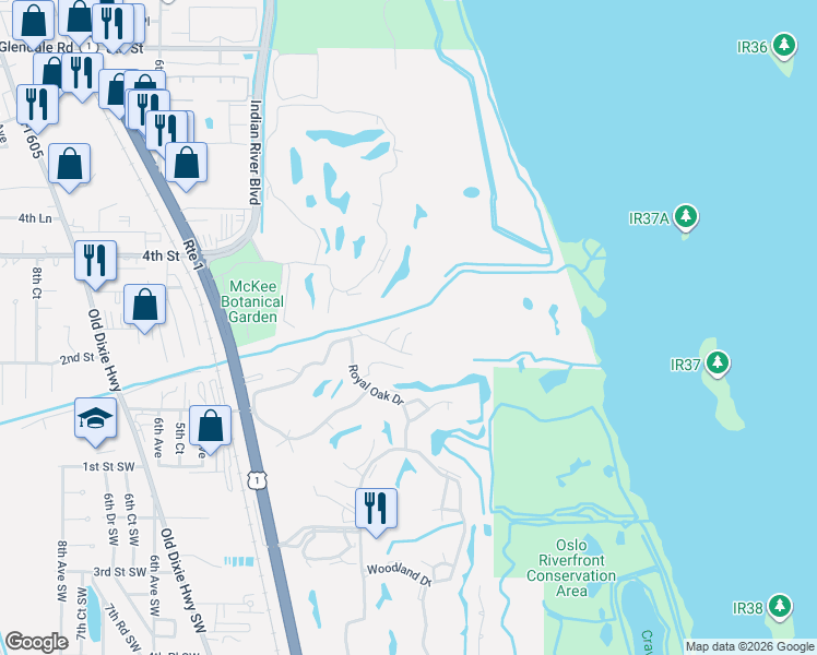 map of restaurants, bars, coffee shops, grocery stores, and more near 108 Spring Lake Court in Vero Beach