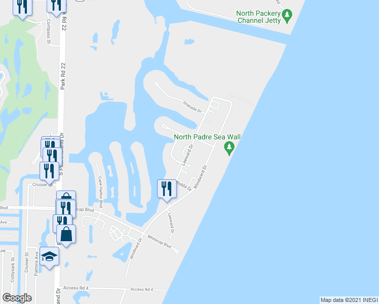 map of restaurants, bars, coffee shops, grocery stores, and more near 15201 Windward Drive in Corpus Christi