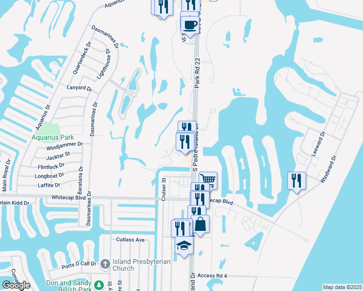 map of restaurants, bars, coffee shops, grocery stores, and more near 15101 South Padre Island Drive in Corpus Christi