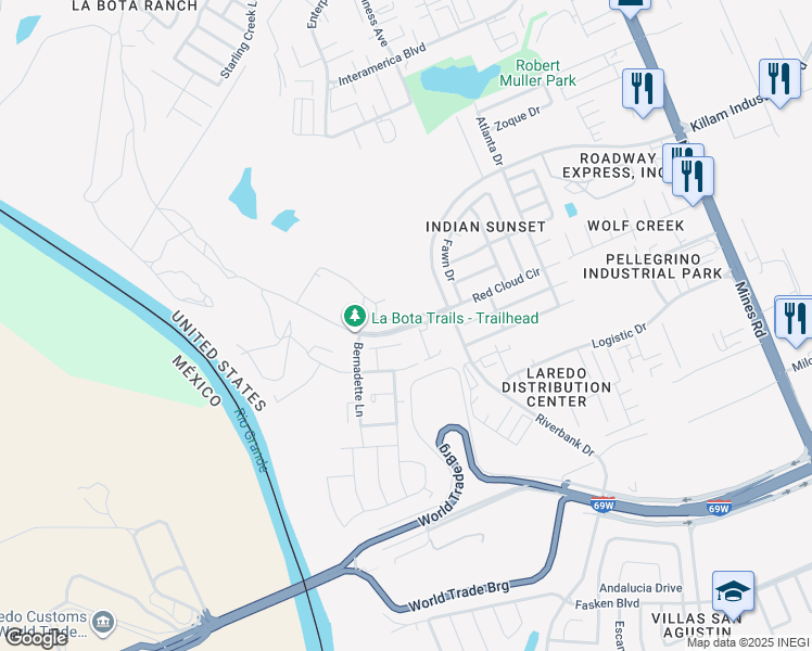 map of restaurants, bars, coffee shops, grocery stores, and more near Aquero Boulevard in Laredo