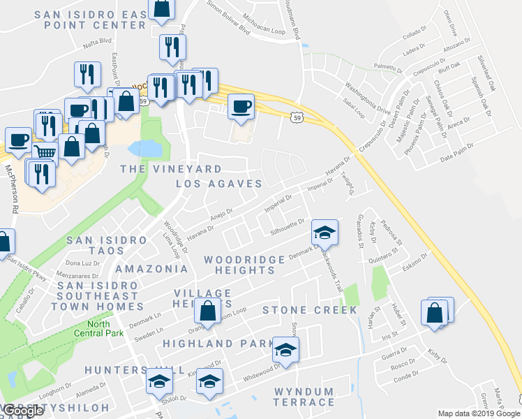 map of restaurants, bars, coffee shops, grocery stores, and more near 3008 Imperial Drive in Laredo