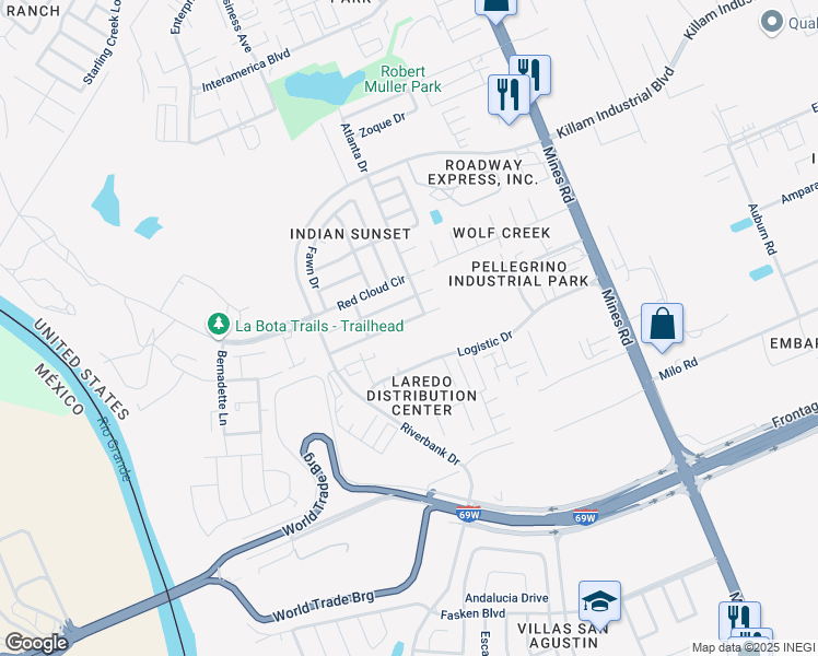 map of restaurants, bars, coffee shops, grocery stores, and more near 311 Mescalero Drive in Laredo