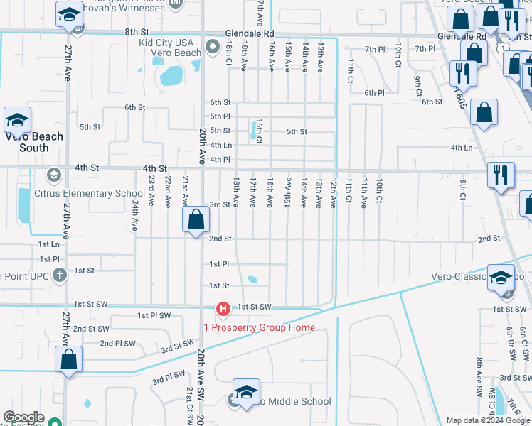 map of restaurants, bars, coffee shops, grocery stores, and more near 275 16th Avenue in Vero Beach