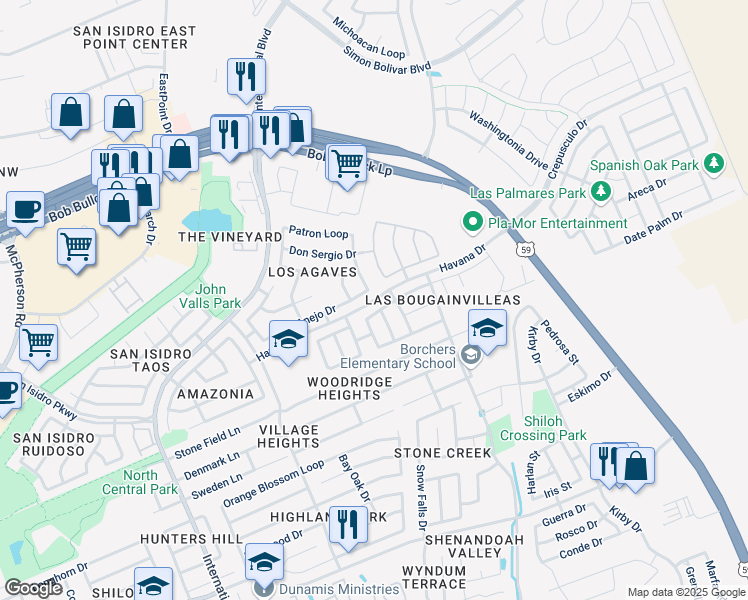 map of restaurants, bars, coffee shops, grocery stores, and more near Havana Drive in Laredo