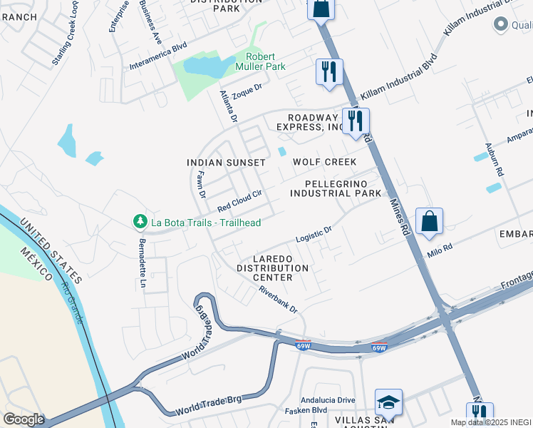 map of restaurants, bars, coffee shops, grocery stores, and more near 408 Lipan Drive in Laredo