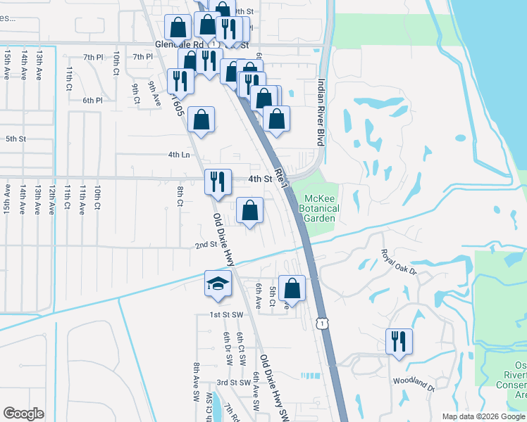 map of restaurants, bars, coffee shops, grocery stores, and more near 606 3rd Pl in Vero Beach