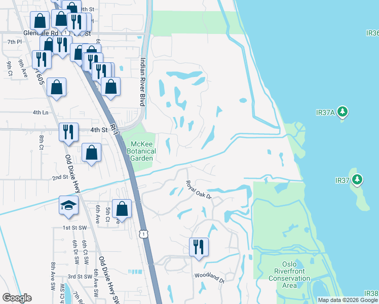 map of restaurants, bars, coffee shops, grocery stores, and more near 20A Vista Gardens Trail in Vero Beach