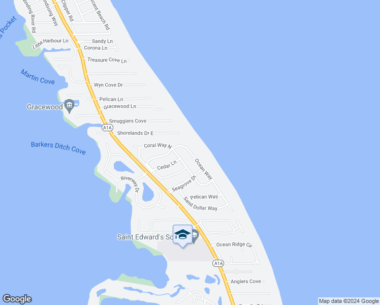 map of restaurants, bars, coffee shops, grocery stores, and more near 303 Ocean Way in Vero Beach