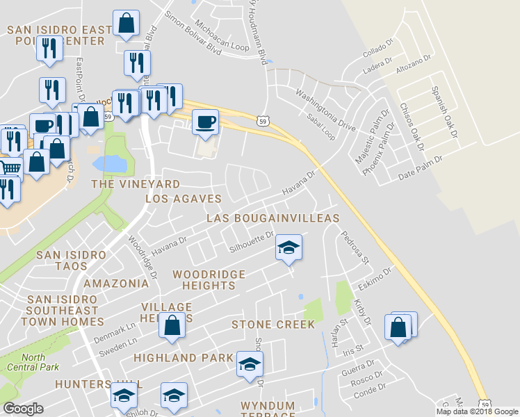 map of restaurants, bars, coffee shops, grocery stores, and more near 3119 Imperial Drive in Laredo