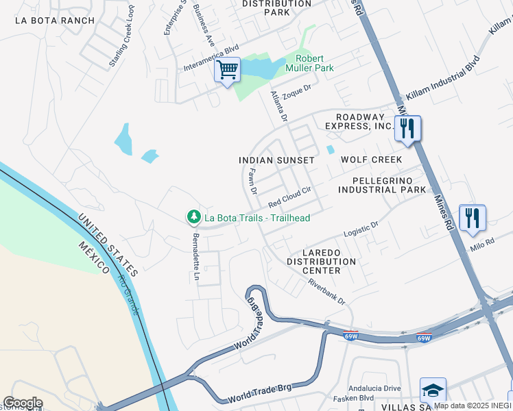 map of restaurants, bars, coffee shops, grocery stores, and more near 14117 Fawn Drive in Laredo