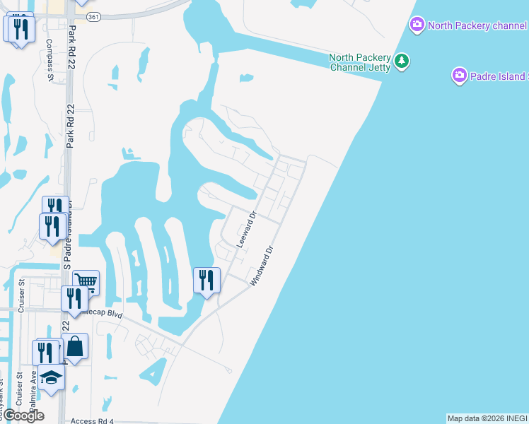 map of restaurants, bars, coffee shops, grocery stores, and more near 14910 Leeward Drive in Corpus Christi