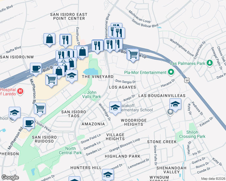 map of restaurants, bars, coffee shops, grocery stores, and more near 2602 Anejo Drive in Laredo