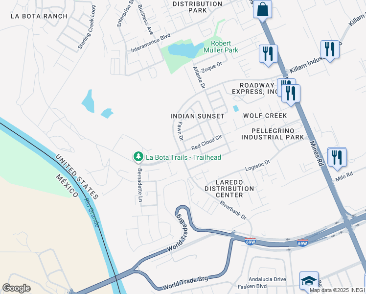 map of restaurants, bars, coffee shops, grocery stores, and more near 14117 Fawn Drive in Laredo