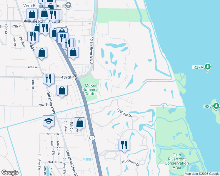 map of restaurants, bars, coffee shops, grocery stores, and more near 340 Vista Court in Vero Beach