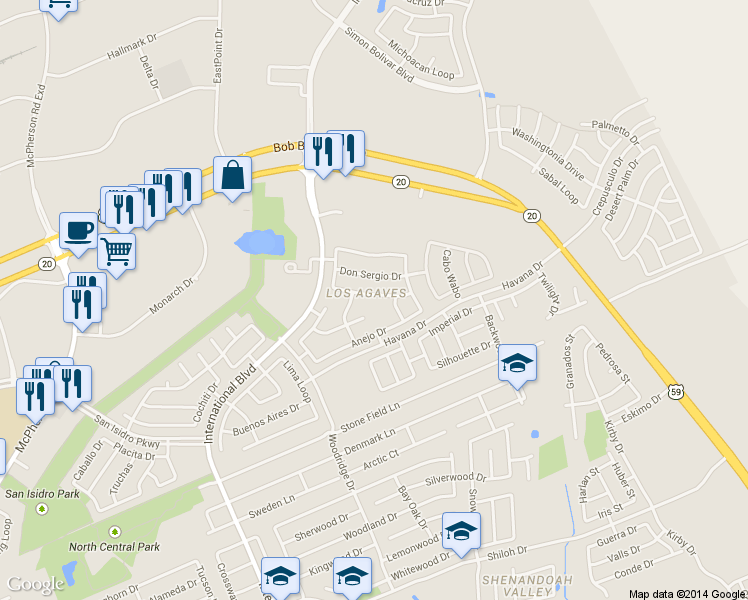 map of restaurants, bars, coffee shops, grocery stores, and more near 2815 Patron Loop in Laredo