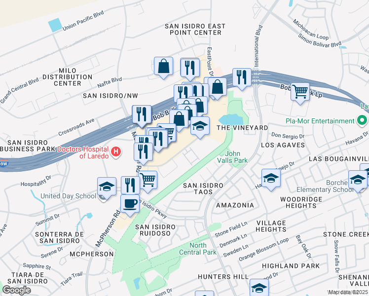 map of restaurants, bars, coffee shops, grocery stores, and more near Monarch Drive in Laredo