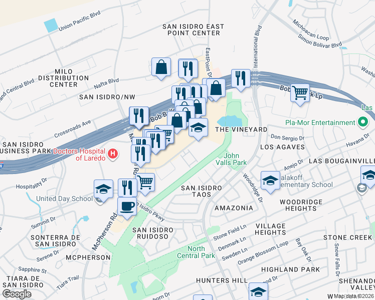 map of restaurants, bars, coffee shops, grocery stores, and more near 2445 Monarch Drive in Laredo