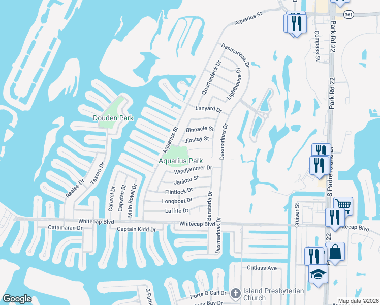 map of restaurants, bars, coffee shops, grocery stores, and more near 15002 Aquarius Street in Corpus Christi