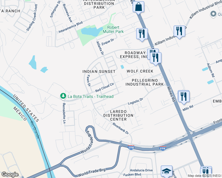 map of restaurants, bars, coffee shops, grocery stores, and more near 408 Lipan Dr in Laredo