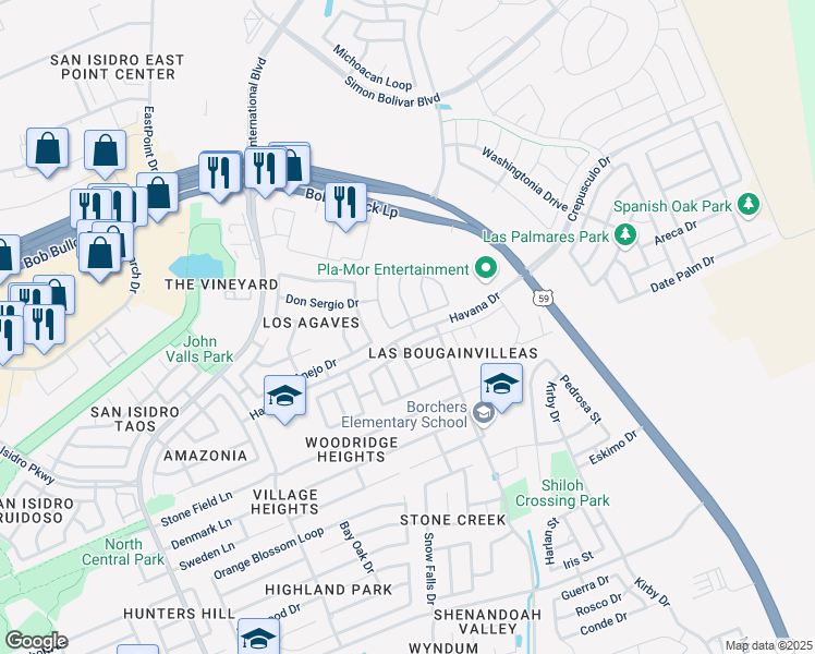 map of restaurants, bars, coffee shops, grocery stores, and more near 3002 Dos Reales Loop in Laredo