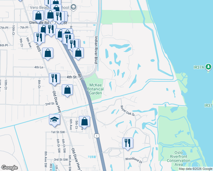 map of restaurants, bars, coffee shops, grocery stores, and more near 340 Vista Court in Vero Beach