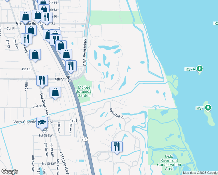 map of restaurants, bars, coffee shops, grocery stores, and more near 20A Vista Gardens Trail in Vero Beach