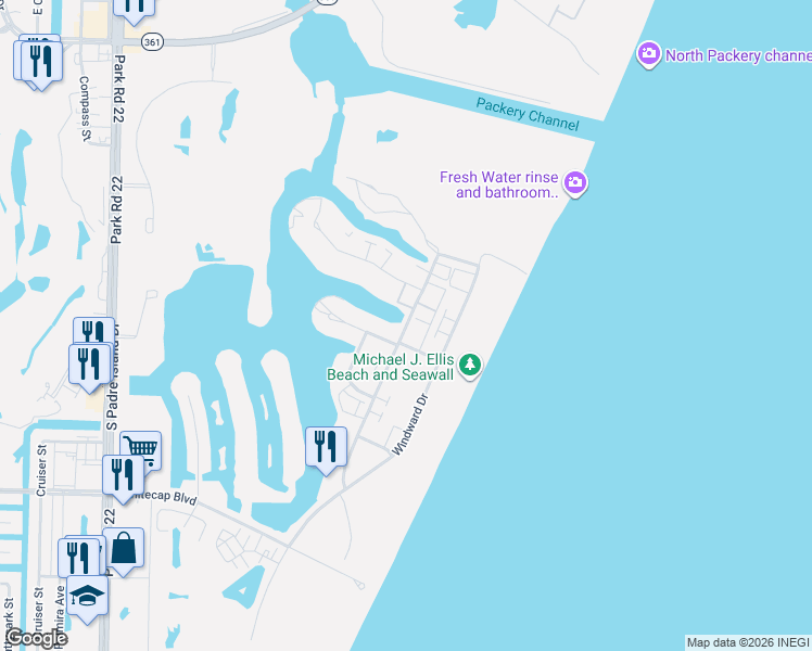 map of restaurants, bars, coffee shops, grocery stores, and more near 14774 Running Light in Corpus Christi