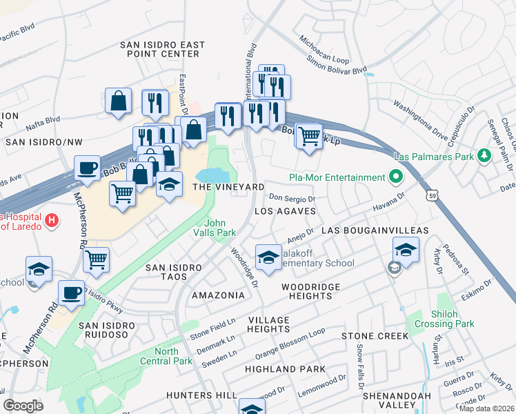 map of restaurants, bars, coffee shops, grocery stores, and more near 2602 Anejo Drive in Laredo