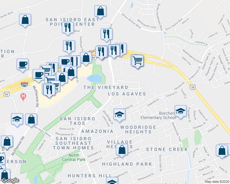 map of restaurants, bars, coffee shops, grocery stores, and more near 10604 Patron Loop in Laredo