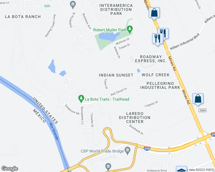 map of restaurants, bars, coffee shops, grocery stores, and more near 207 Desert Chief Drive in Laredo