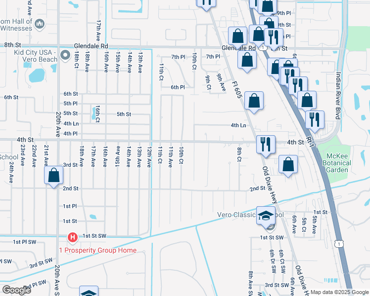 map of restaurants, bars, coffee shops, grocery stores, and more near 386 10th Court in Vero Beach